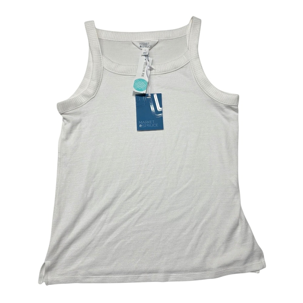 Market & Spruce Tatum High Neck Rib Trim Tank Womens Small White Rayon Blend